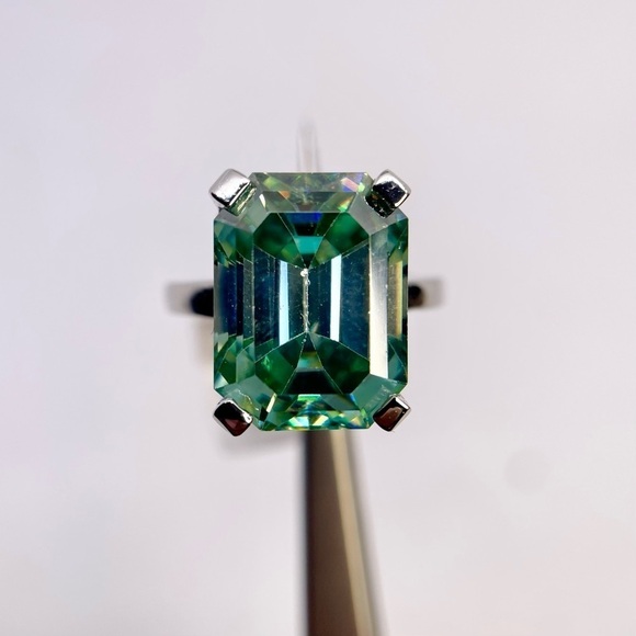 Jewelry - Emerald Cut Moissanite Ring Vivid Blue Green Cocktail Wedding Ring 10 Ct